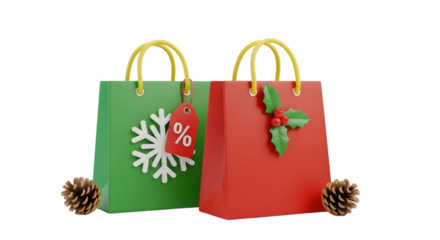 Two festive christmas shopping bags one green with a snowflake and discount tag the other red with holly isolated on transparent background