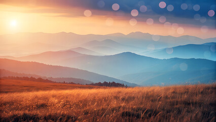 Golden Hour Mountain Landscape with Hazy Layers and Sunlit Meadow mountain range