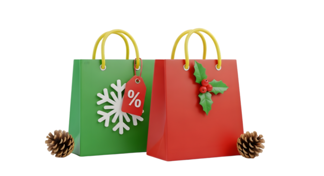 Two festive christmas shopping bags one green with a snowflake and discount tag the other red with holly isolated on transparent background