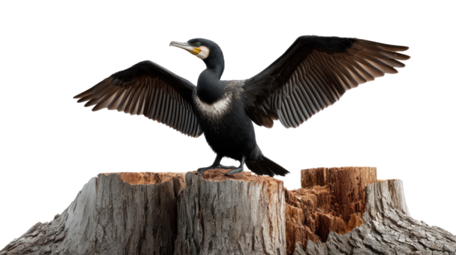 Cormorant Perched on Stump: The cormorant, with its sleek, black plumage and wings spread wide, stands proudly upon a weathered stump, a symbol of resilience.