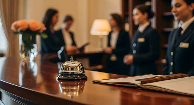 Professional Hotel Reception Desk with Service Bell and Attentive Staff Ready to Welcome Guests.