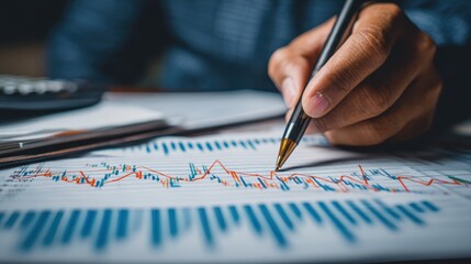 Stock market analysis, business, finance and investment. Finance analyst analyzing stock market trading graph, economic growth chart, planning and strategy, business investment with financial report.