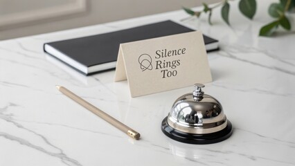 Silver bell and card on a white marble desk
