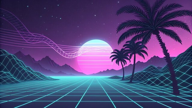 A vibrant retro landscape featuring neon grids, palm trees, and a glowing sun, evoking a sense of 80s nostalgia and futuristic vibes in a pixelated style
