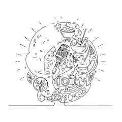 A whimsical line art illustration featuring a microphone, camera, snacks, and drinks, evoking a sense of entertainment and celebration, perfect for invitations.