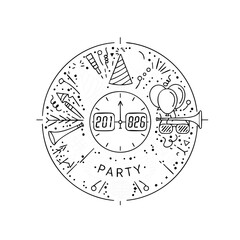 A minimalist line art illustration depicts a party scene with celebratory elements like confetti, a party hat, balloons, and a clock striking midnight.