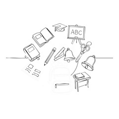 A simple line drawing depicts a collection of school-related items, including books, a graduation cap, and a chalkboard with ABC written on it, creating a back-to-school theme.