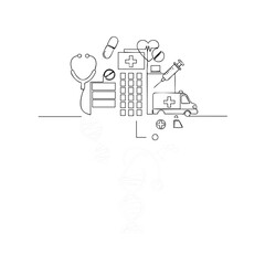 A minimalist, single-line drawing depicts various medical symbols, including a stethoscope, pills, an ambulance, and a medical building, representing healthcare.