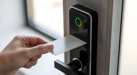 Naklejka premium Hand Inserting Key Card into Modern Hotel Room Door Lock for Secure Access