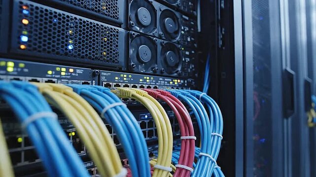 Ventilated office server bay, neat bundles snake into color-coded patchbays