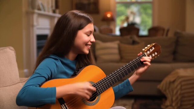 A young girl happily playing a classical guitar in a cozy living room. The room has natural light from the window Stock Video