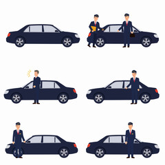 Chauffeur and executive sedan car service vector set. Professional drivers offering luxury transportation and VIP support.