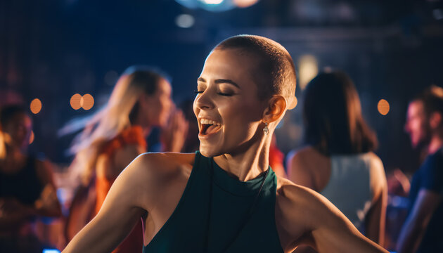 Photo of party people dancing female with buzz cut hairstyle everywhere nightclub