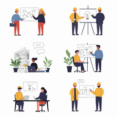 Collaborative engineering and architecture team planning projects, brainstorming ideas, and reviewing technical drawings in various professional settings.