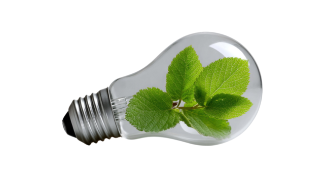 Renewable Energy: a light bulb with green leaves inside, representing innovative solution for a clean and green environment. 