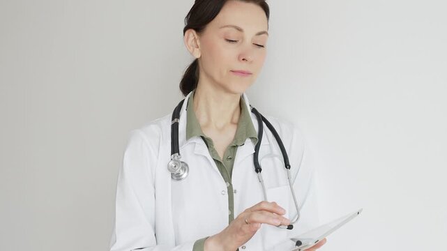 Confident doctor woman female medical professional wearing lab coat over green blouse and stethoscope is using digital tablet, representing modern healthcare and medical technology. Medicine concept