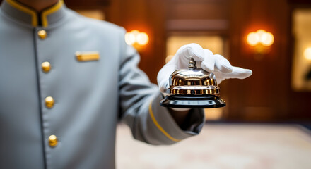 Hotel concierge or bellhop presenting a service bell with white glove in a luxury lobby, close-up shot of professional hospitality.
