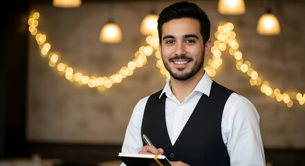 Professional Hotel Service: Smiling Male Waiter with Notepad and Pen in a Warm Restaurant Setting