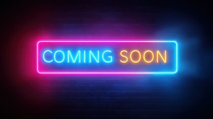 Vivid neon sign on a dark brick wall displaying "COMING SOON" in vibrant colors