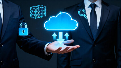 Business professionals presenting cloud computing with data security and storage icons