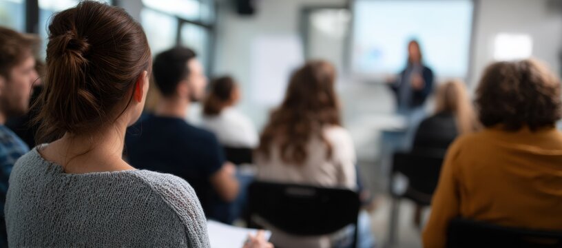 Student taking notes in classroom during lecture with focused adults listening to instructor, warm atmosphere and attentive learning energy