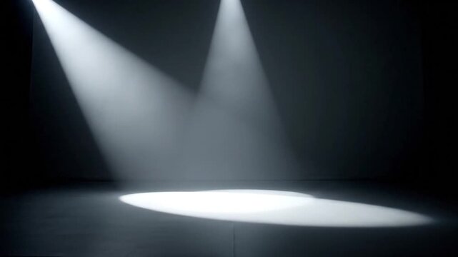 Dimly lit room with spotlights creating a large illuminated circle on a dark floor