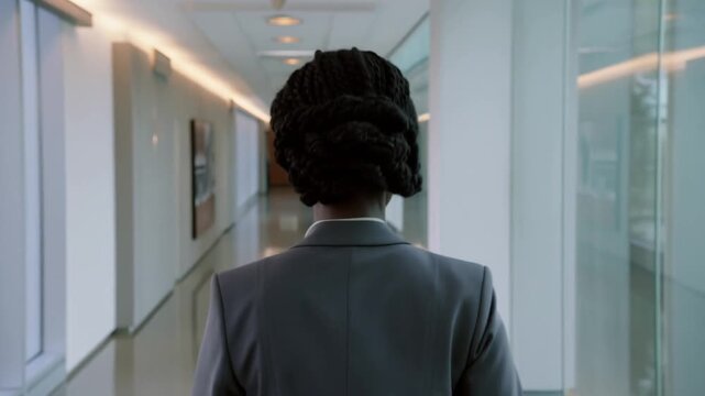 A person walking down a modern corridor. The individual is wearing a suit and has their back turned to the camera Stock Video