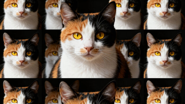 A calico cat with striking yellow eyes is shown in a repeating grid pattern against a dark background.