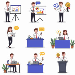 Collection of flat cartoon illustrations depicting business people presenting, working in the office, and celebrating professional success and achievement.