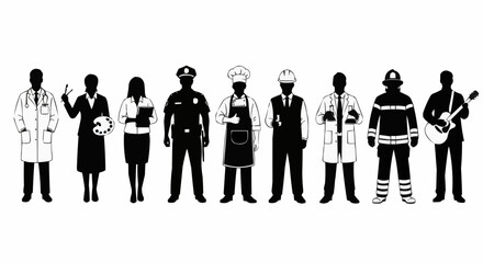 Diverse Group of Professional Silhouettes Representing Various Occupations and Careers.