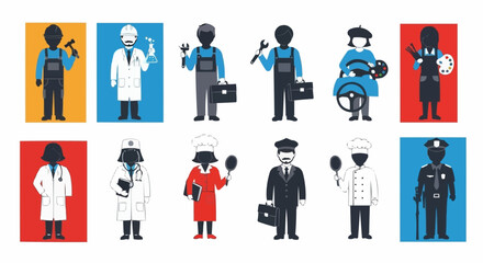 Set of diverse professional worker silhouettes and occupation icons.