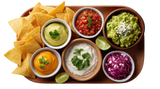 Savory Sensations: A vibrant platter showcases a delicious assortment of dips, featuring golden tortilla chips and a medley of colorful, fresh ingredients to tantalize the taste buds.
