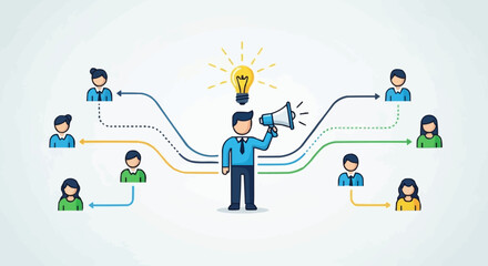 Man with megaphone sharing ideas to diverse group of people.