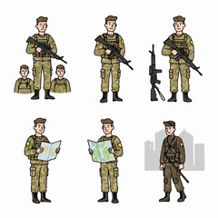 Fototapeta premium Set of Cartoon Soldier Characters: Military Personnel in Camouflage Uniform Holding Rifles, Maps, and Performing Various Duties.