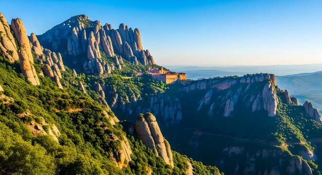 Scenic view of the montserrat mountain range in catalonia, spain, with its unique rock formations and the santa maria de montserrat abbey perched on the mountainside under a clear blue sky
