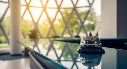 Service bell on a reflective counter in a modern hotel lobby, symbolizing hospitality and prompt attention.