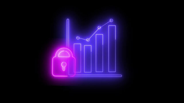 Neon light effect animation of a bar and dot chart icon with a padlock