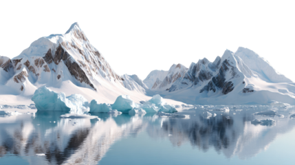 Serene Glacier Landscape: A pristine mountain range, shrouded in glistening snow, gracefully reflects in the tranquil waters below, a testament to the raw beauty of the polar regions.