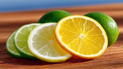 Vibrant Assortment Of Fresh Citrus Fruit Slices Including Oranges And Limes Artfully Arranged On A Textured Wooden Surface With Natural Sunlight Illuminating The Refreshing Colors And Textures