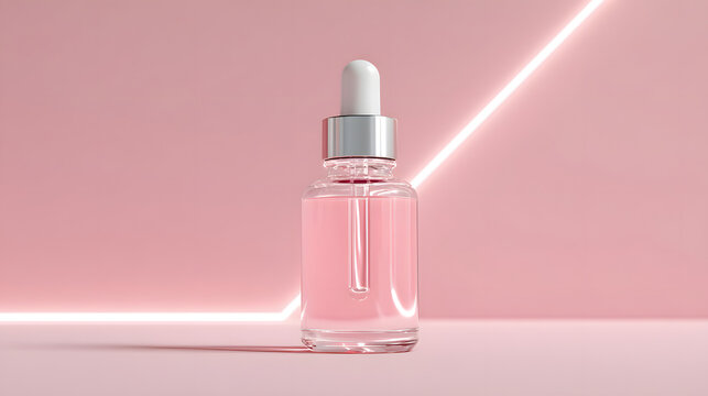 Minimal Pink Glass Cosmetic Bottle on Soft Glowing Background, Business and Collaboration Concept