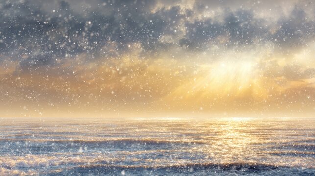 Serene Sunset Over Ocean with Snowflakes and Dramatic Clouds - Powered by Adobe