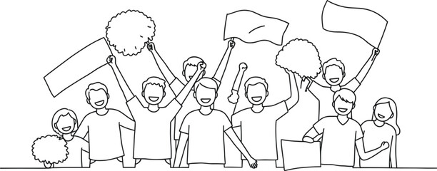 Protest crowd illustration, activist people holding blank signs, unity demonstration, political rally vector, social movement, black and white line drawing, placards