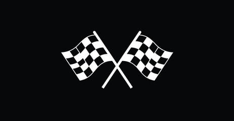 Crossed checkered racing flags icon, black and white finish line symbol, motorsport competition vector, speed race emblem, isolated on black background