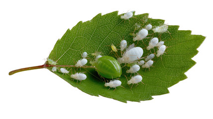 Leaf with Insects: An up-close view reveals a vibrant green leaf teeming with miniature creatures, highlighting the intricate wonders of the insect world and natural ecosystem.