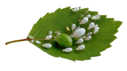 Leaf with Insects: An up-close view reveals a vibrant green leaf teeming with miniature creatures, highlighting the intricate wonders of the insect world and natural ecosystem.