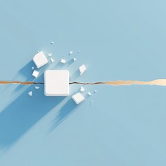 Typing on Keyboard Abstract image of a broken white square with pieces scattered on a blue background with a split line and shadows