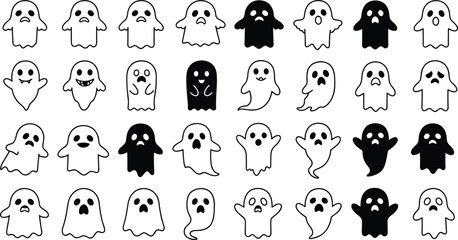 Cartoon ghost character set, spooky cute Halloween spirits, black and white expressions, emotive ghost icons, fun scary clipart for kids