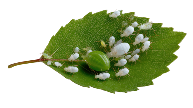 Leaf with Insects: An up-close view reveals a vibrant green leaf teeming with miniature creatures, highlighting the intricate wonders of the insect world and natural ecosystem.