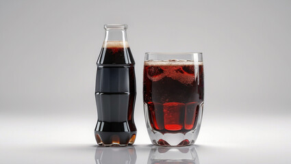 A bottle of cola soft drink with placed beside a clear transparent glass filled with carbonated cola soft drink isolated on white background