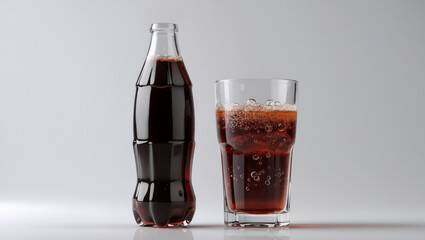 A bottle of cola soft drink with placed beside a clear transparent glass filled with carbonated cola soft drink isolated on white background